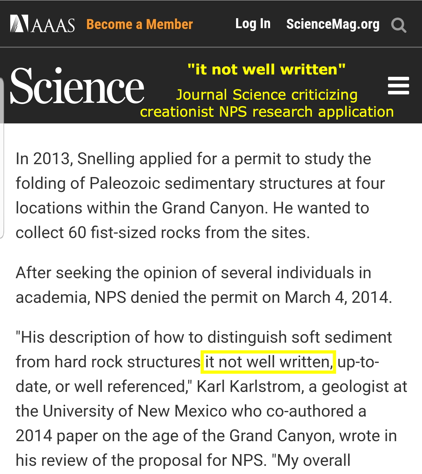 "it not well written" journal Science criticizing Dr. Andrew Snelling's NPS research application 